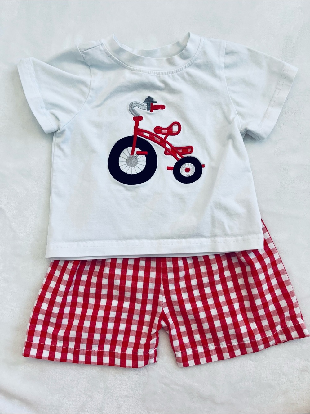 Infant Tricycle White Tee & Red Gingham Shorts Set (size 12M)